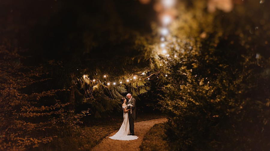 Bride and groom at manor by the lake