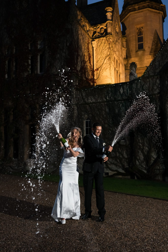 champagne shower wedding image with bride and groom